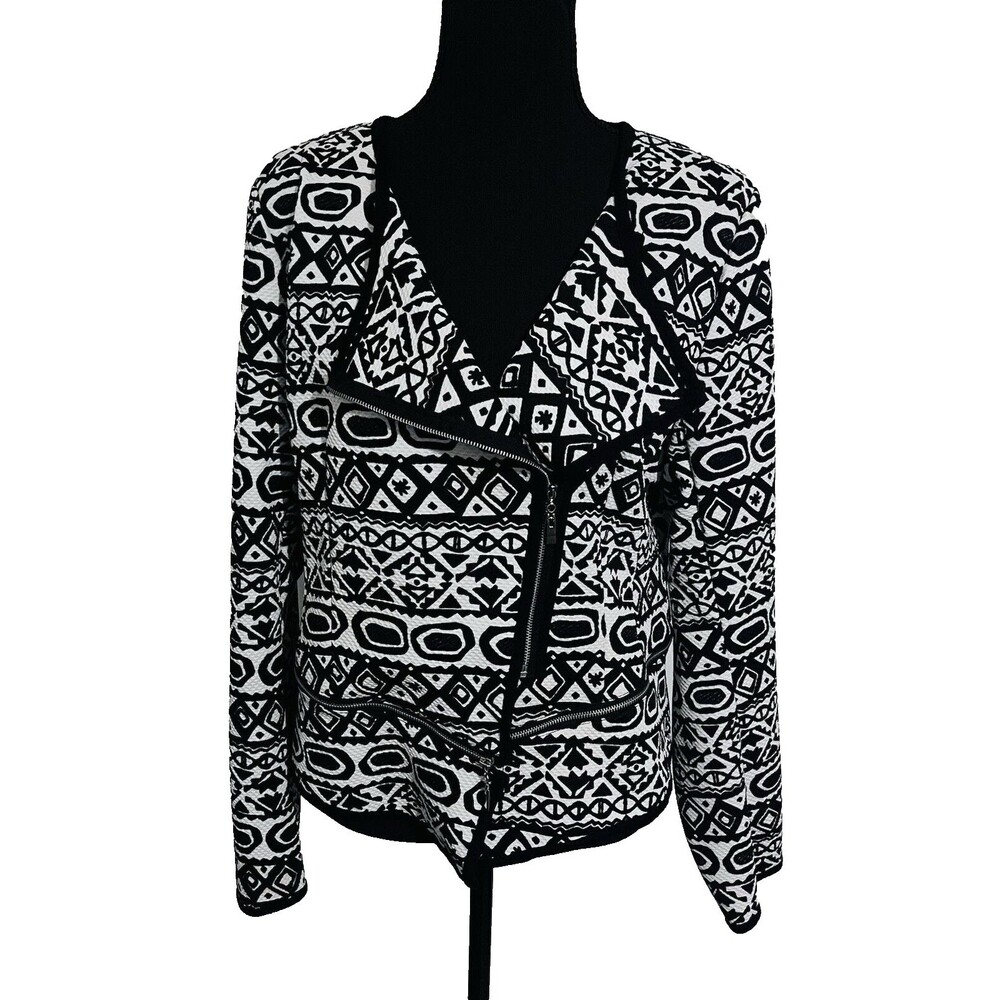 Zenobia  Black & White Abstract Asymmetrical 3/4 Zip Front Shirt Jacket 2X Artsy